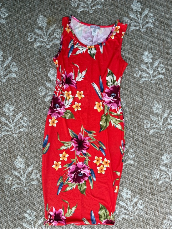 PrettyLittleThing Dresses & Skirts - Pretty Little Things Red Sleeveless Floral Midi Dress with Pink & Yellow Blooms